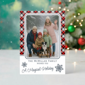 Classic Red Black White Plaid Pattern Holiday Letterpress Photo Cards