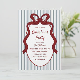 Classic Red Blue Stripes & Bow Frame Christmas Invitation
