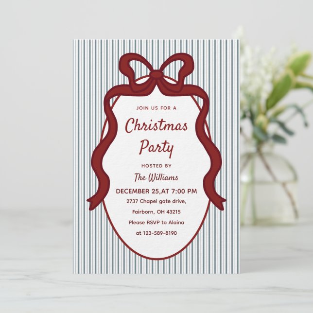 Classic Red Blue Stripes & Bow Frame Christmas  Invitation (Standing Front)