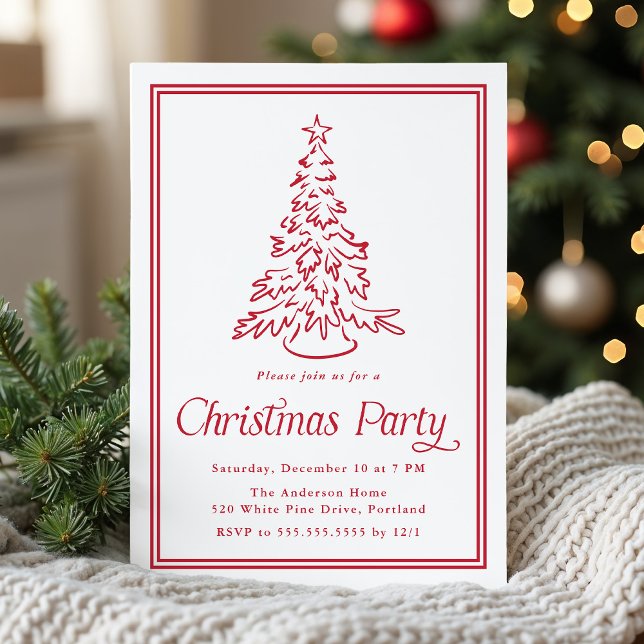 Classic Red Border Christmas Tree Christmas Party Invitation (Creator Uploaded)