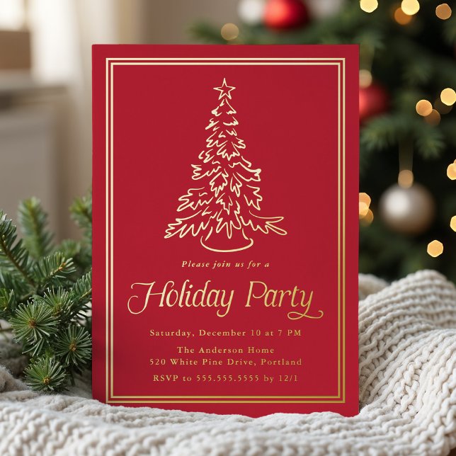 Classic Red Border Christmas Tree Holiday Party Foil Invitation (Creator Uploaded)