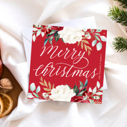 Classic Red Botanical Floral Merry Christmas Note Card