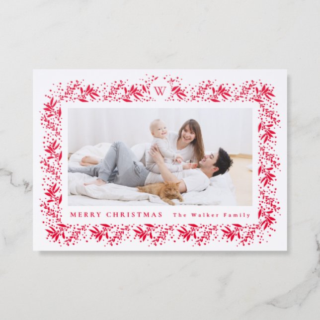 classic red botanical monogram frame holiday letterpress photo cards (Front)
