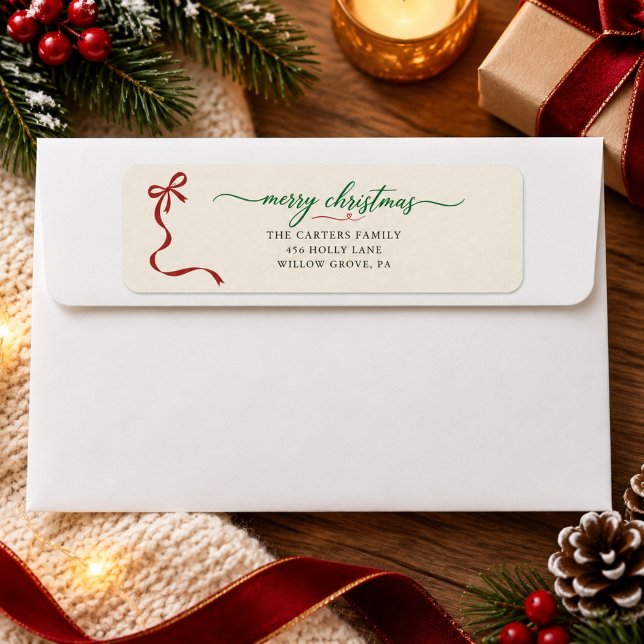 Classic Red Bow Green Script Christmas Address Label (Creator Uploaded)