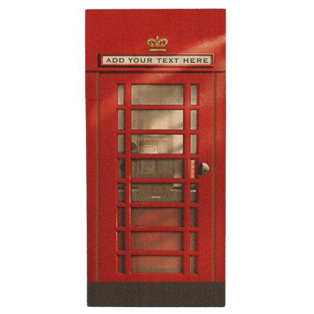 Classic Red British Phone Booth Wood USB Flash Drive (Front Vertical)