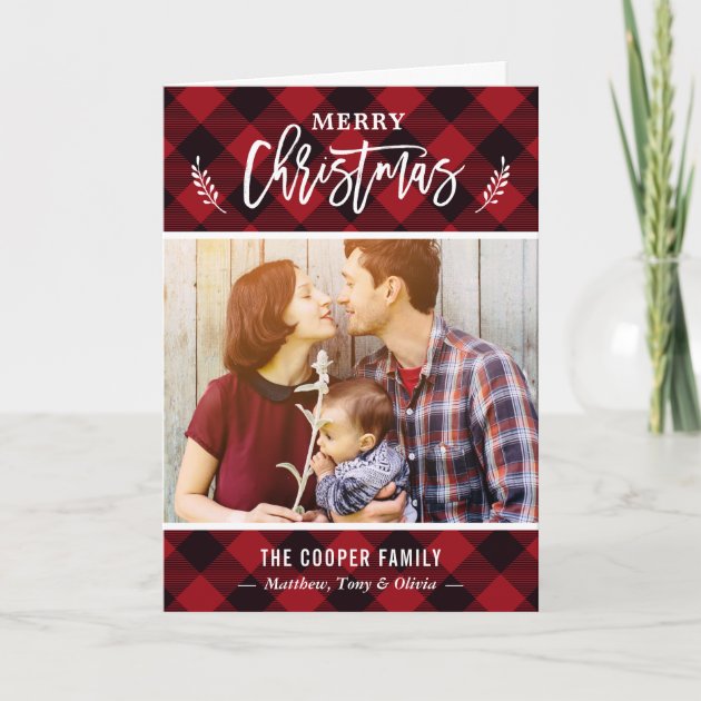 Classic Red Buffalo Check Merry Christmas Photo Holiday Card