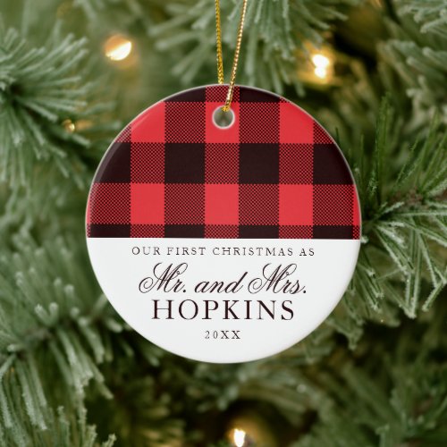 Classic Red Buffalo Plaid 1st Married Christmas Ceramic Ornament