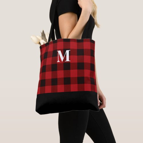 Classic Red Buffalo Plaid Monogram Tote Bag