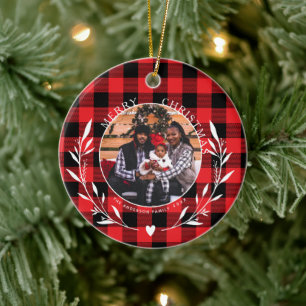 Classic Red Buffalo Plaid Wreath Photo Christmas Ceramic Ornament
