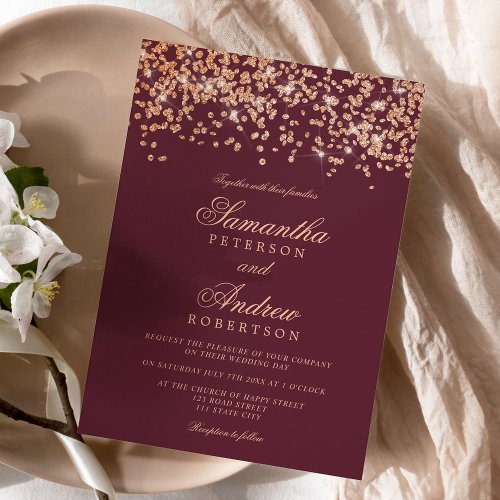 Classic red burgundy rose gold confetti wedding invitation