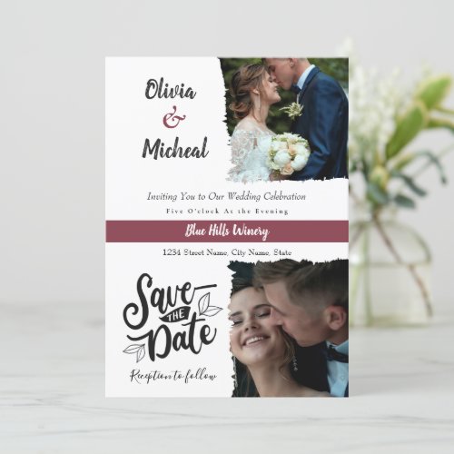 Classic Red Burgundy save the date  Place 2 photo Invitation