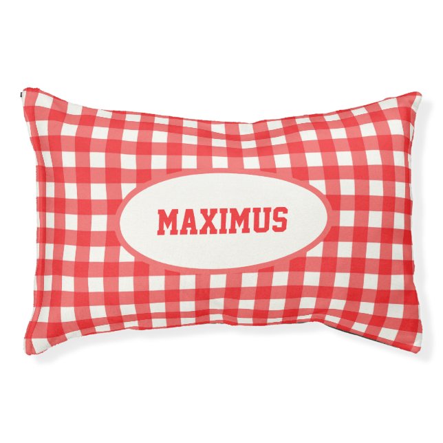Classic Red Cafe Gingham with Pet Name Pet Bed (Front)