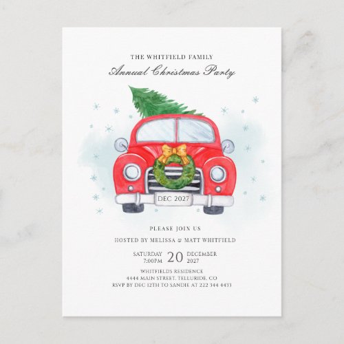Classic Red Car Tree Family Christmas Party Invitation Postcard