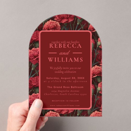 Classic Red Carnation Tropical Wedding Acrylic Invitations