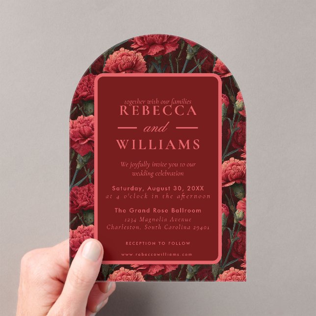 Classic Red Carnation Tropical Wedding Acrylic Invitations (Insitu (Handheld))