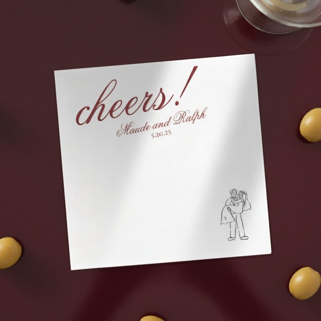 Classic Red Cheers Elegant Personalized Wedding Napkins (Add a refined pop of personality to your reception with this Old Money Bold Red “Cheers!” Napkins!)