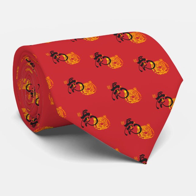 Classic Red Chinese Zodiac Tiger Ben Ming Nian Neck Tie (Rolled)