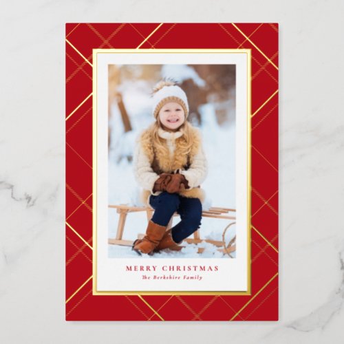 Classic red Christmas plaid one photo elegant Foil Holiday Card