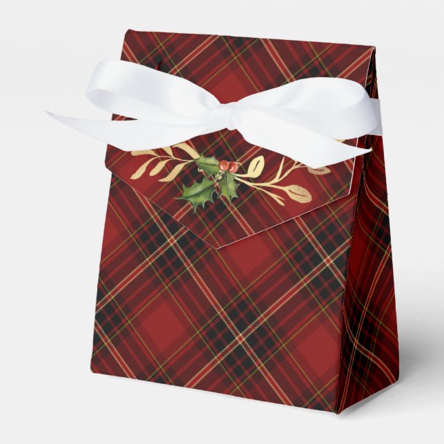 Classic Red Christmas Tartan, Holly & Gold Leaves Favor Boxes (Front Side)