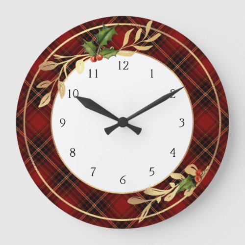 Classic Red Christmas Tartan Holly  Gold Leaves Large Clock