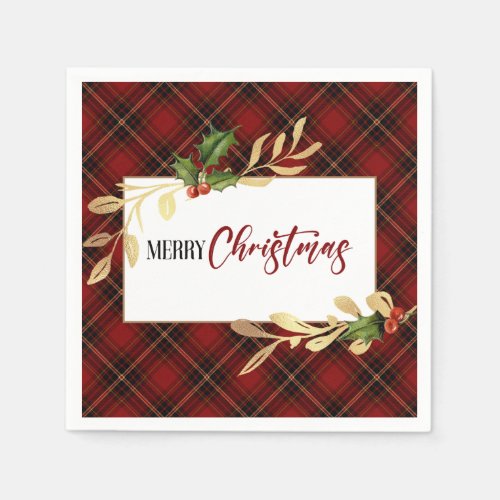 Classic Red Christmas Tartan Holly  Gold Leaves Napkins