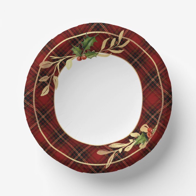 Classic Red Christmas Tartan, Holly & Gold Leaves Paper Bowls (Front)