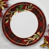Classic Red Christmas Tartan, Holly & Gold Leaves