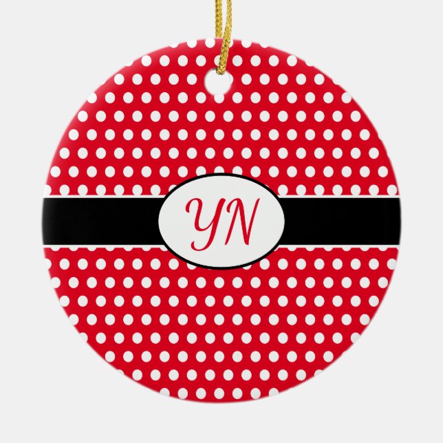 Classic Red Custom initials Polka Dot Ceramic Ornament (Front)