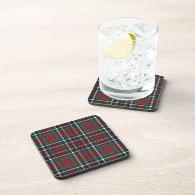 Classic Red Dark Blue Green Plaid Pattern Beverage Coaster (Right Side)