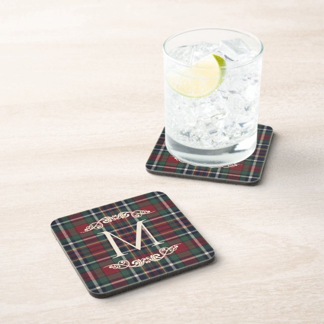 Classic Red Dark Blue Green Plaid Pattern Beverage Coaster (Right Side)