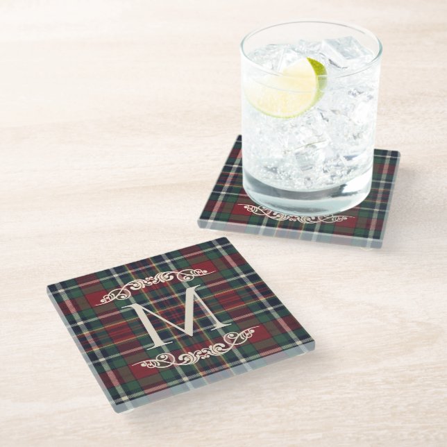 Classic Red Dark Blue Green Plaid Pattern Glass Coaster (Angled)