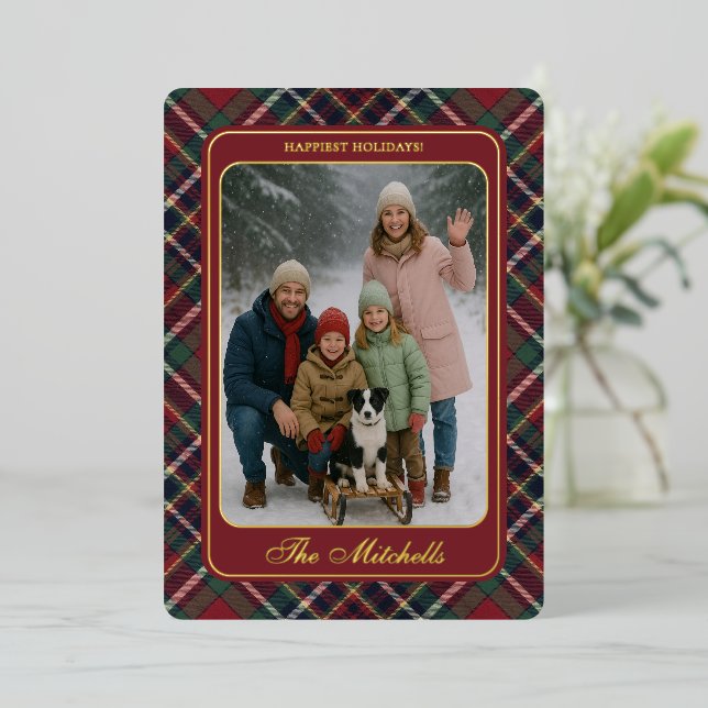 Classic Red Dark Blue Green Plaid Pattern Gold Foil Holiday Card (Standing Front)