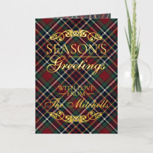 Classic Red Dark Blue Green Plaid Pattern Gold Foil Holiday Card