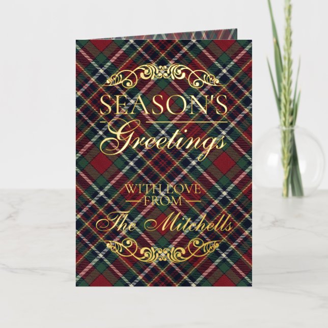 Classic Red Dark Blue Green Plaid Pattern Gold Foil Holiday Card (Front)