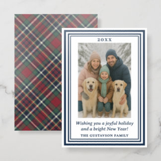 Classic Red Dark Blue Green Plaid Pattern Letterpress Photo Cards