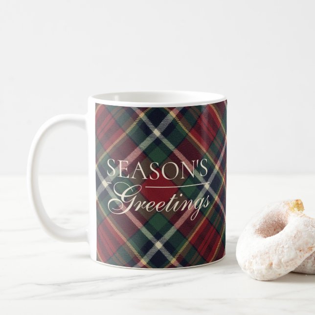 Classic Red Dark Blue Green Plaid Pattern Two-Tone Coffee Mug (With Donut)