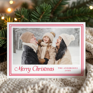 Classic Red Double Border Merry Christmas Letterpress Photo Cards