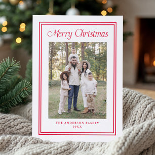 Classic Red Double Border Merry Christmas Letterpress Photo Cards