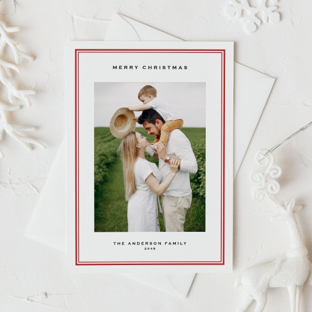 Classic Red Double Border Photo Christmas Holiday Postcard (This timeless holiday photo postcard features a double-border frame and classic typography.)