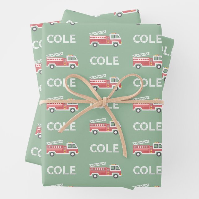 Classic Red Firetruck Custom Firefighter Theme Wrapping Paper Sheets (In situ)