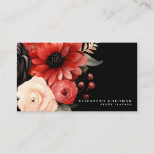Classic Red Floral Black Business Cards