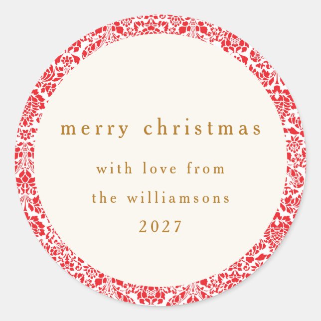 Classic Red Floral Personalized Christmas Greeting Round Sticker (Front)