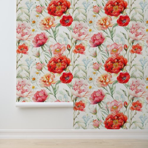 Classic red flower mix peony tulip rose daisy  wallpaper 