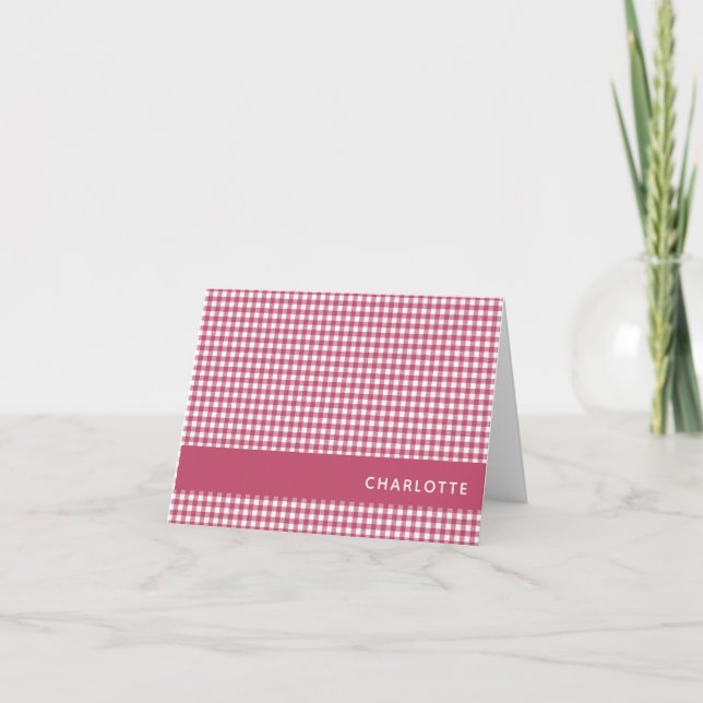 Classic Red Gingham Plaid Pattern Personalized Note Card (Front)