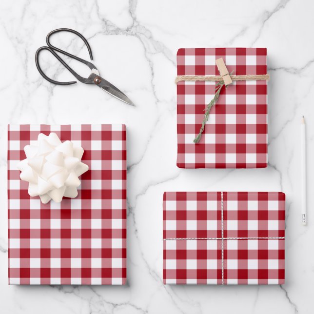 Classic Red Gingham Plaid Pattern Wrapping Paper Sheets (Front)