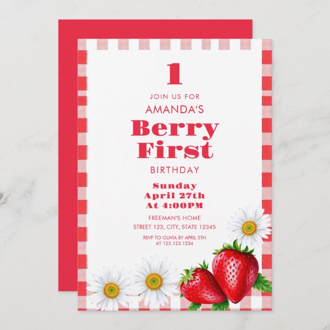 Classic Red Gingham Strawberries Girl 1st Birthday Invitation (Front/Back)