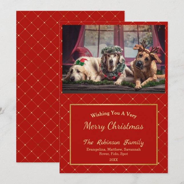 Classic Red Gold Glam Photo Christmas Flat Holiday Card (Front/Back)