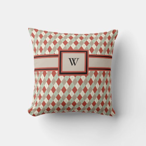 Classic Red Gray and Blue Argyle Monogrammed Throw Pillow