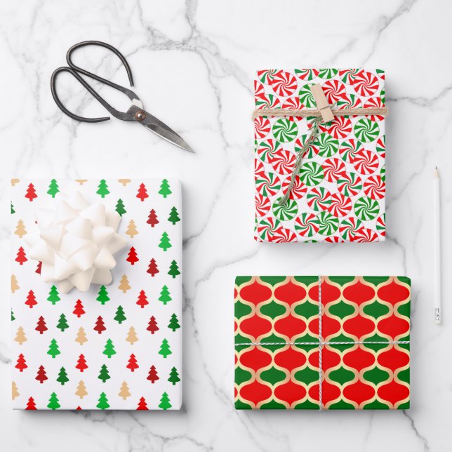Classic Red Green and Gold Holiday Patterns Wrapping Paper Sheets (Front)