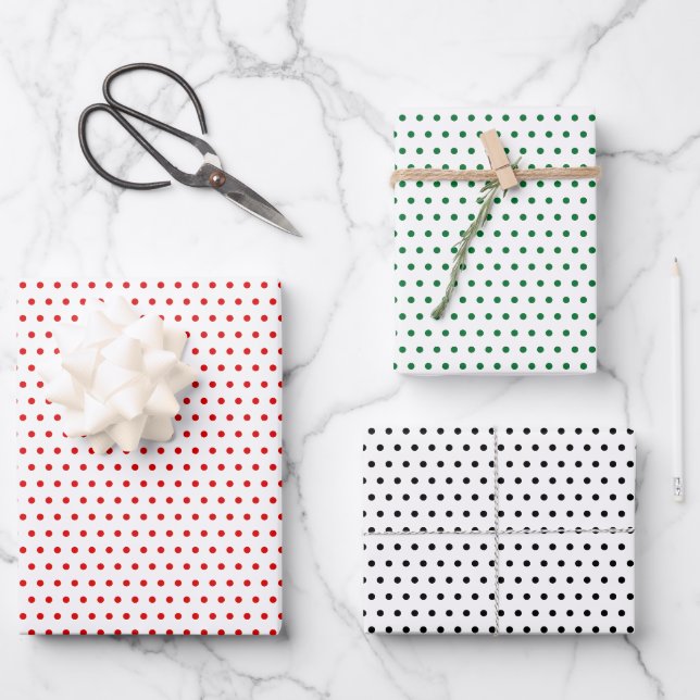 Classic Red Green Black Polka Dots On White Wrapping Paper Sheets (Front)